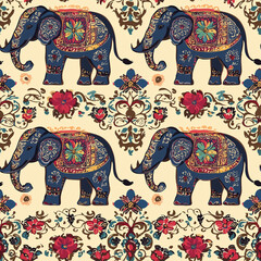 Colorful patterned design featuring elephants surrounded by floral motifs on a textured background.