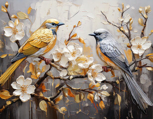 bird on a branch, brach with white flowers painting, oil paint wall art