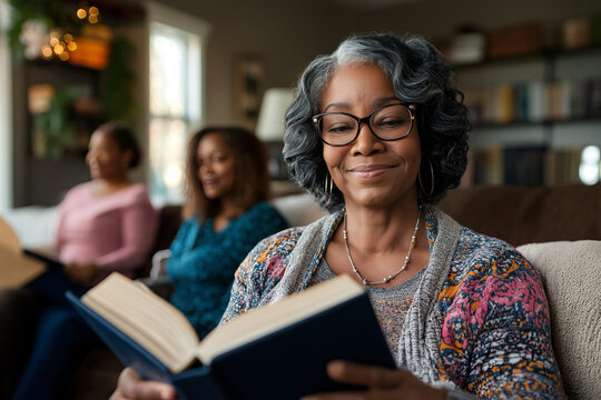 African American Mature Woman Smiling While Reading Book in Book Club Meeting with Friends