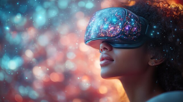 Happy engineer woman in a virtual reality environment, interacting with holographic projections, on solid white background, single object