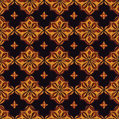 Ornate floral pattern in warm orange and black tones, featuring geometric shapes and a symmetrical design.