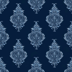 Elegant blue damask pattern on a dark background, featuring ornate motifs and intricate detailing for a luxurious aesthetic.