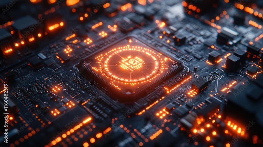 Poster holographic ai cpu with dynamic interaction, combining cutting-edge visuals with motion graphics for
