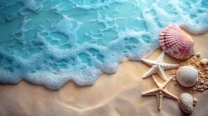 Coastal summer background with vibrant beach accessories including hats, seashells, and starfish