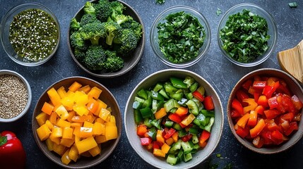 Assorted Chopped Vegetables and Sesame Dressing Ready for a Meal