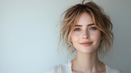 Joyful close-up portrait of a pretty woman with fair hair, smiling confidently in a casual, modern style, on solid white background, single object