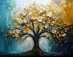 Golden tree in the forest oil paint, gold tree with spring flowers with blue background wall art