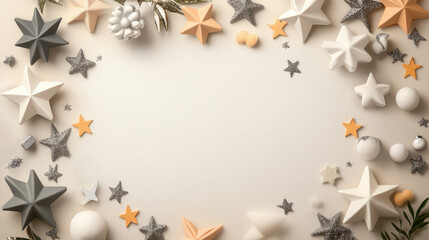 A white background with a lot of stars and a few pine cones