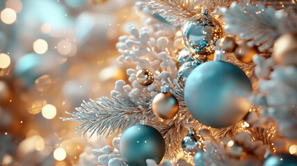 Fototapeta premium A zoomed-in look at an opulent Christmas tree with royal blue and gold ornaments, shimmering ribbons, and sparkling icicle details, framed by an abstract background of glowing sapp