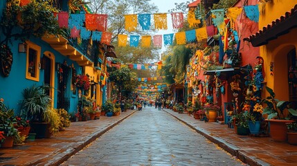 Naklejka premium Celebration with a lively street filled with Latin American flags, streamers, and cheerful crowds