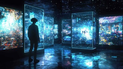 Person Exploring a Futuristic Virtual Reality Gallery
