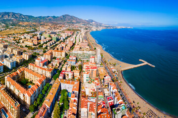 Fototapeta premium Fuengirola city beach and port aerial panoramic view