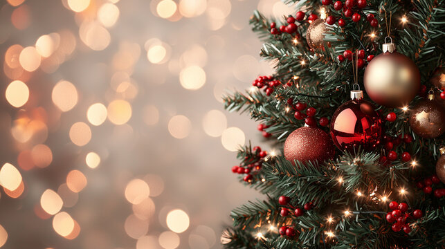 A traditional close-up of a Christmas tree with rich red, green, and gold ornaments, accented by holly berries and twinkling lights. The abstract background is a warm bokeh of fest