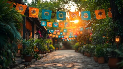 Obraz premium Party setup with Latin American flags, festive lanterns, and colorful bunting against a bright background