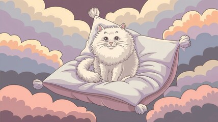 Cartoon-style soft pillow background featuring a fluffy cat on a pastel-colored cloud