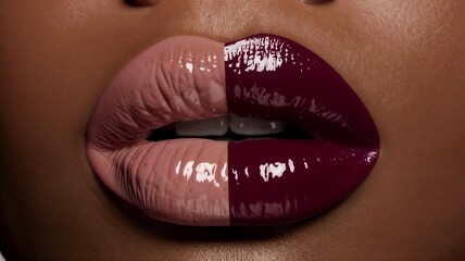 Close-up shot of glossy lips with a high-shine finish in contrasting colors

