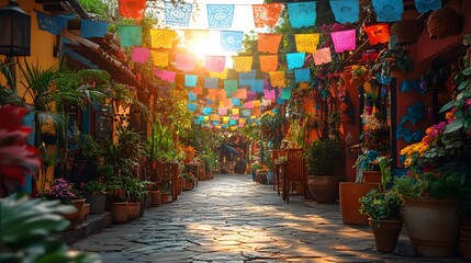 Fototapeta premium Traditional Latin American celebration with flags, bright colors, and festive decorations