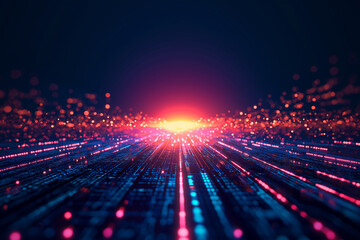 Fototapeta premium Futuristic retro landscape. Digital cyber surface with neon light grid