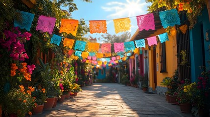 Fototapeta premium Cultural festival featuring Latin American flags, colorful garlands, and a cheerful celebration scene