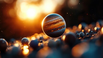 An awe-inspiring image featuring Jupiter as a central sphere, glowing amidst a backdrop of soft light and shimmering elements, suggesting the mysteries of the cosmos.