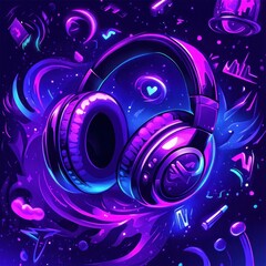 A vibrant illustration of headphones surrounded by musical elements in a cosmic setting.