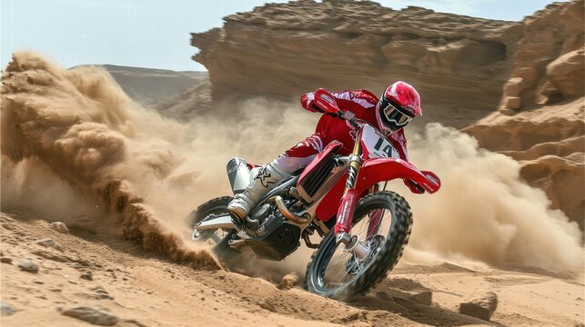 A male rider speeds through sandy terrain on a red motorcycle, kicking up dust.