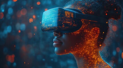 Overweight woman in a VR or technology setting, interacting confidently with modern tech visuals, on solid white background, single object