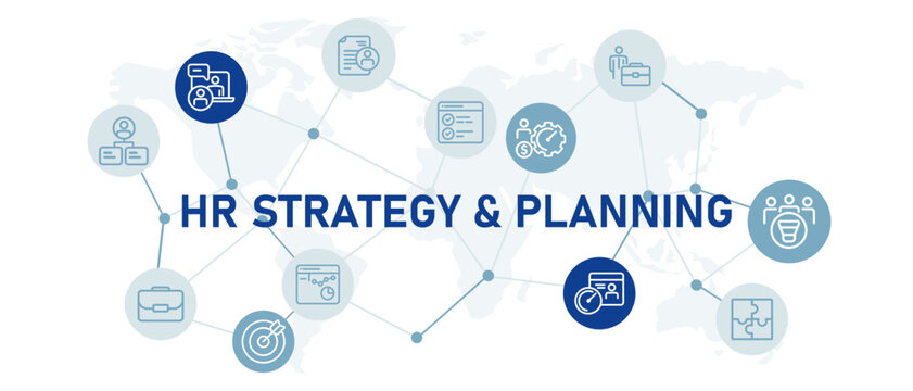 HR strategy and planning concept with icon set human resource management systematic data communication connection relation