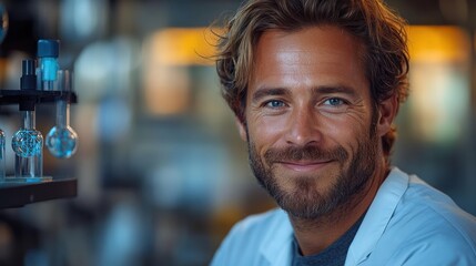 Portrait of a biotech industry engineer man smiling, with molecular graphics and lab equipment around him