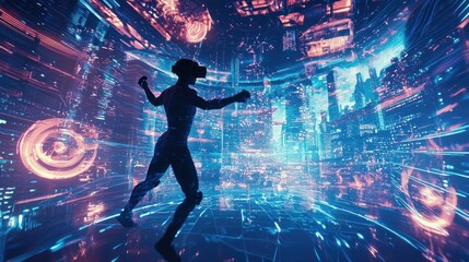 Virtual Reality Runner Navigating A Futuristic Cityscape