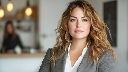 Professional overweight woman portrait in business attire, set against a clean, white background, on solid white background, single object
