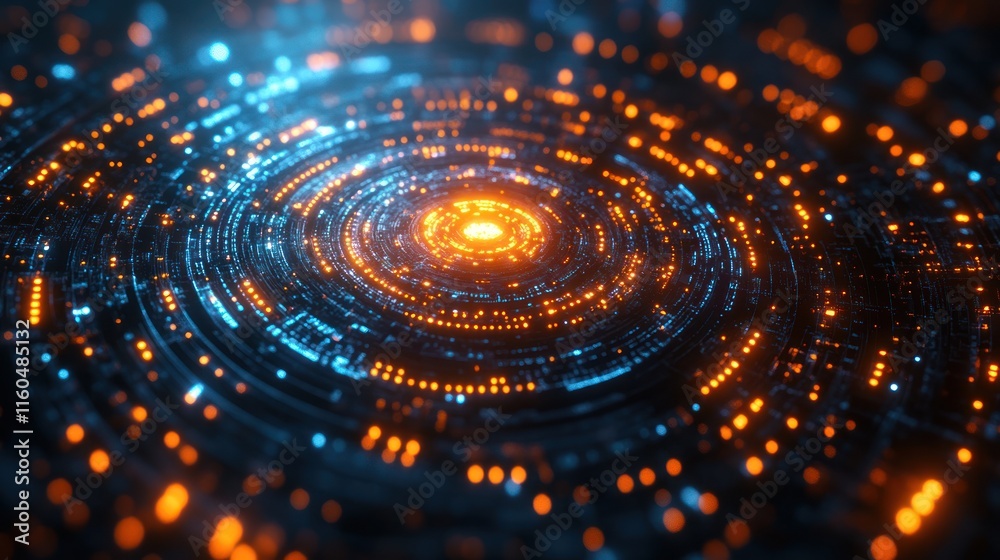 Poster quantum computing technology on a blue theme, showcasing intricate quantum patterns and glowing elem