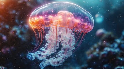 Fototapeta premium A vibrant jellyfish floating gracefully in a colorful underwater scene.