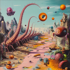 
A surreal depiction of centipedes crawling through a dream-like landscape with floating objects and distorted proportions, vibrant colors, and exaggerated forms.