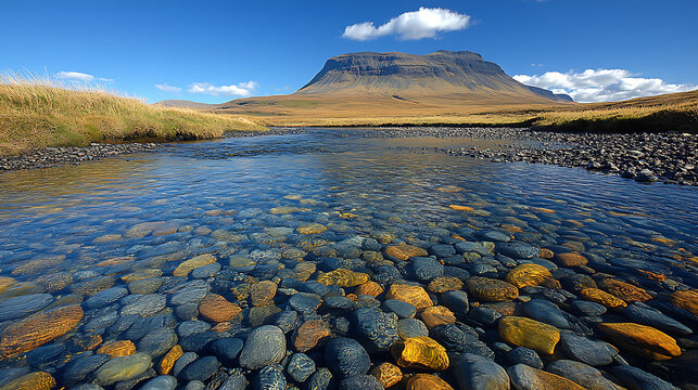 A serene landscape photo features a clear river with colorful stones, framed by grassy shores and a distant mountain under a bright blue sky. 