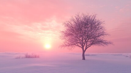 A lone tree standing in a vast snowy field with a soft pink winter sky.