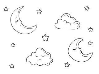 Sleeping moon with closed eyes, clouds in black isolated on white background. Hand drawn vector sketch illustration in doodle engraved line art vintage style. Concept of sleep, sweet dreams, children