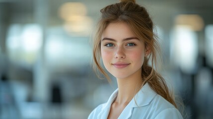 Young engineer woman smiling in a lab coat, showcasing her work in a modern, innovative environment, on solid white background, single object