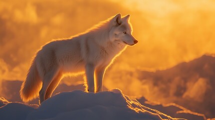 Fototapeta premium A majestic Arctic wolf standing on a snowy ridge, its fur glowing in the golden light of the setting sun.