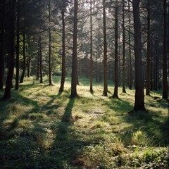 Obraz premium Sunlit forest path with tall trees casting shadows on green grass.