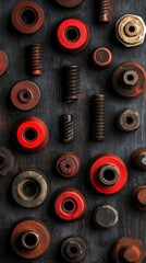 Fototapeta premium Industrial template, mix of cylinders, bolts and nuts, wrench. Copy space. Generative AI