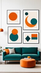 Modern geometric art in minimalist living room with teal and orange decor