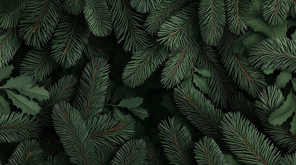 An intricate banner design featuring fluffy fir tree branches in deep green, each needle rendered in exquisite detail, with subtle light reflections adding dimension and holiday ch