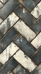 Distressed Herringbone Tile Pattern Black and White Textured Background
