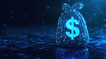 Abstract Image of Digital Money Bag with Glowing Dollar Icon. Perfect for concepts related to digital finance, cryptocurrency, and technology.