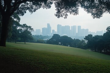 Serene View of Urban Skyline from Lush Green Landscape Surrounded by Trees in Morning Fog with Modern Buildings in the Distance