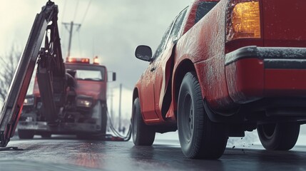 Naklejka premium Image of a vehicle being towed. Featuring a tow truck and a car with visible damage