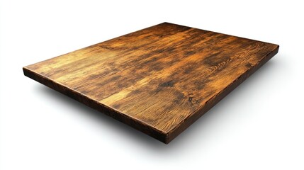 A rectangular wooden table top with a distressed finish, prominently displayed on a seamless white background, intricate details in 4K