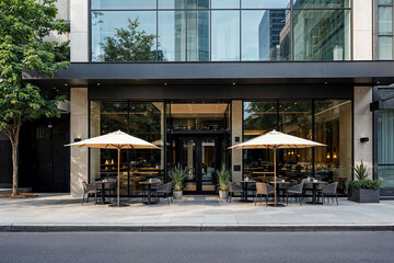 Modern Restaurant Exterior with Glass Front, Outdoor Seating, and Umbrella-Covered Tables in Urban Setting