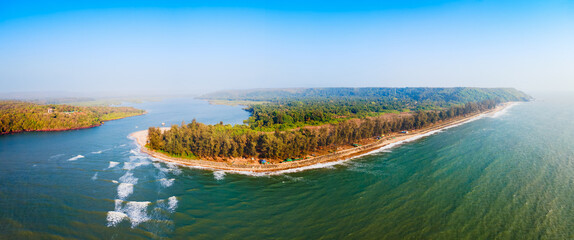Querim beach, Terekhol river aerial panoramic view, Goa